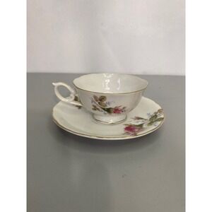 Vintage Floral Teacup and Saucer Set Pink Roses Gold Trim Elegant Fine China